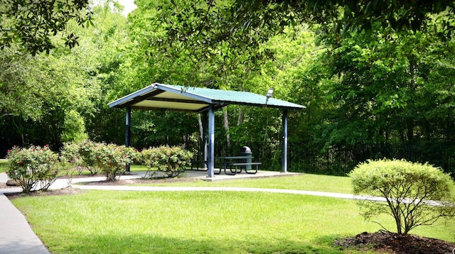 view of community featuring a lawn and a gazebo