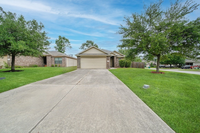 ranch-style house with concrete driveway, brick siding, a garage, and a front yard