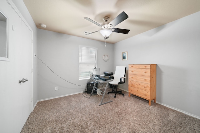 office area featuring baseboards, a ceiling fan, carpet flooring, and visible vents