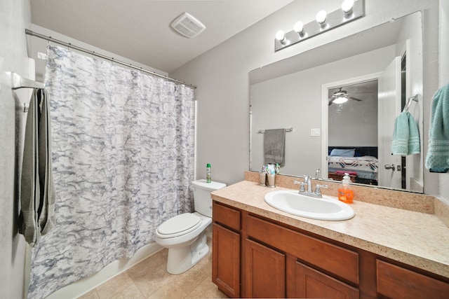 bathroom with a ceiling fan, toilet, vanity, ensuite bath, and visible vents