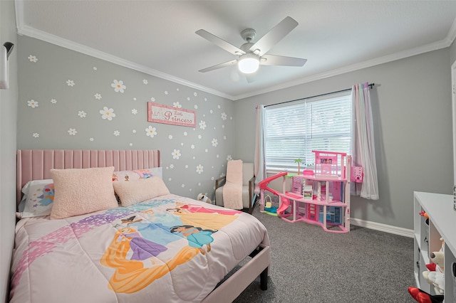 6015 Allentown Dr, Spring, TX 77389 - bedroom featuring carpet, crown molding, ceiling fan, and baseboards