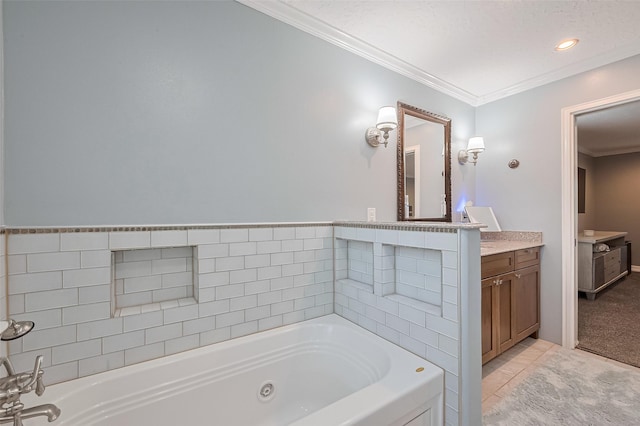 6015 Allentown Dr, Spring, TX 77389 - full bathroom featuring vanity, a jetted tub, crown molding, tile patterned floors, and recessed lighting