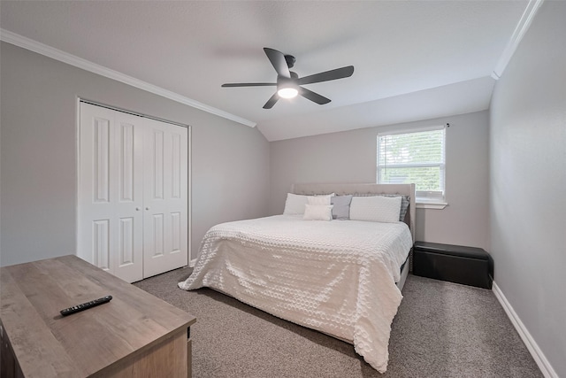 6015 Allentown Dr, Spring, TX 77389 - carpeted bedroom featuring a closet, crown molding, ceiling fan, and baseboards
