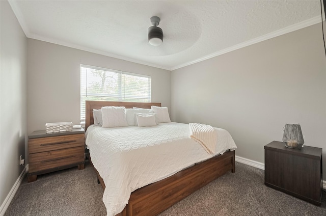 6015 Allentown Dr, Spring, TX 77389 - bedroom with dark colored carpet, crown molding, baseboards, and a ceiling fan