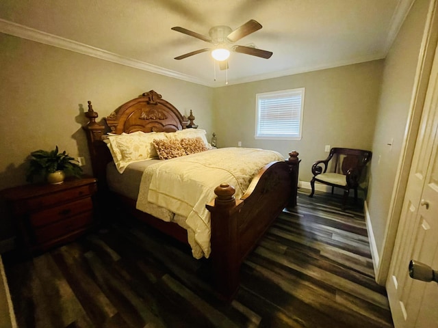 bedroom with dark wood-type flooring, crown molding, baseboards, and ceiling fan