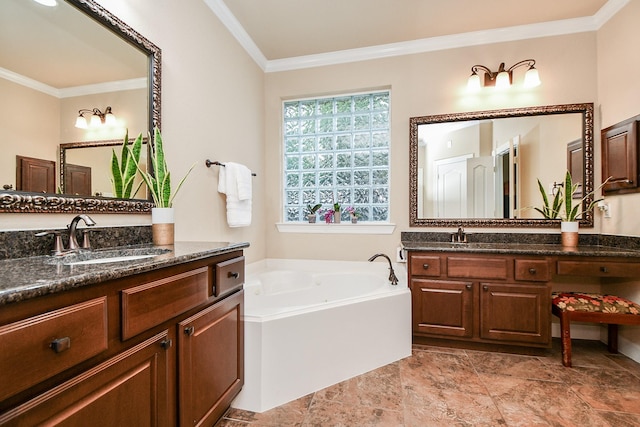 bathroom with crown molding, a bath, and two vanities
