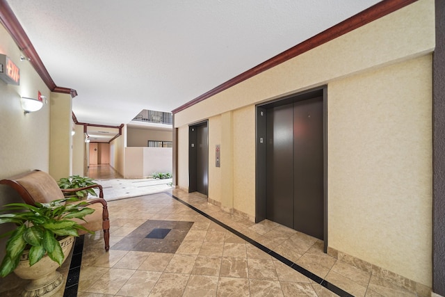 661 Bering Dr Unit 301, Houston, TX 77057 - hallway featuring elevator, ornamental molding, inlaid floor details, and light tile patterned floors