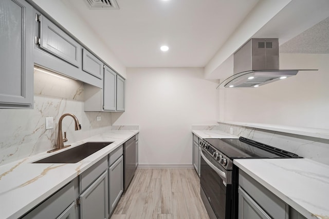 661 Bering Dr Unit 301, Houston, TX 77057 - kitchen with electric range oven, wall chimney exhaust hood, gray cabinetry, a sink, and tasteful backsplash