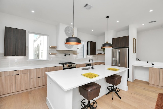 kitchen featuring open shelves, a sink, modern cabinets, stainless steel appliances, and visible vents