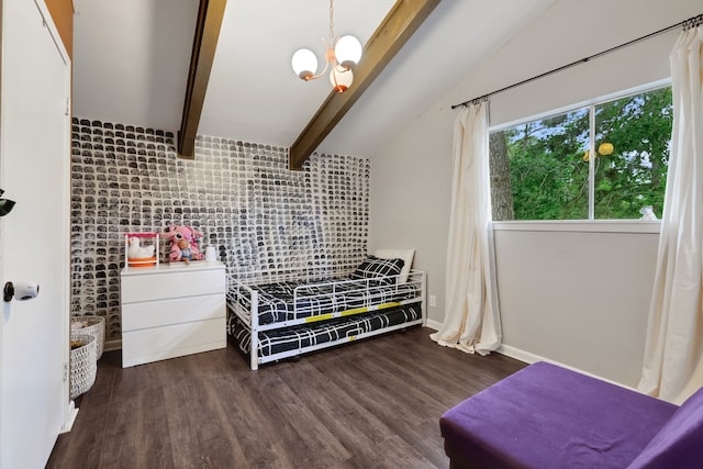 bedroom with baseboards, lofted ceiling with beams, wood finished floors, and an inviting chandelier