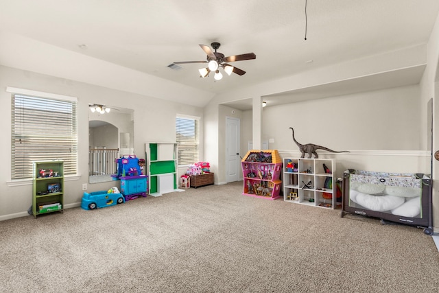 13207 Davenport Hills Ln, Humble, TX 77346 - recreation room featuring visible vents, carpet, ceiling fan, and baseboards