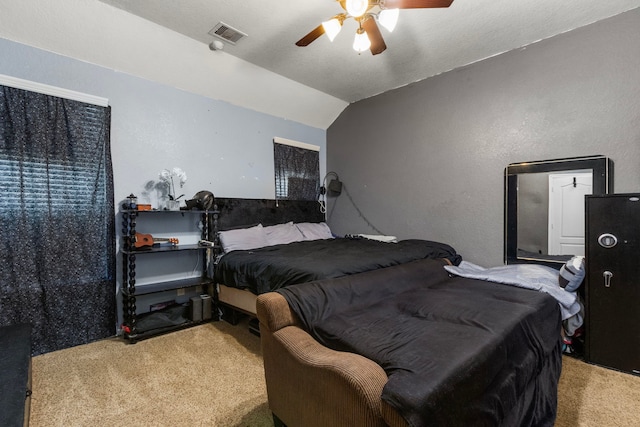 13207 Davenport Hills Ln, Humble, TX 77346 - bedroom with carpet floors, ceiling fan, lofted ceiling, and visible vents