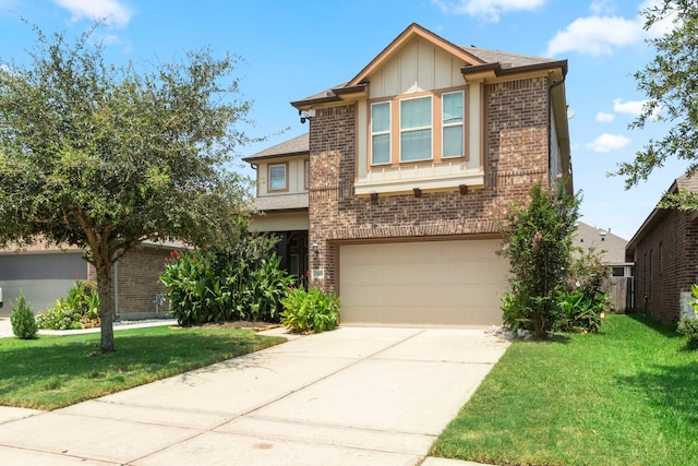 13207 Davenport Hills Ln, Humble, TX 77346 - view of front of house featuring roof with shingles, an attached garage, brick siding, a front yard, and driveway