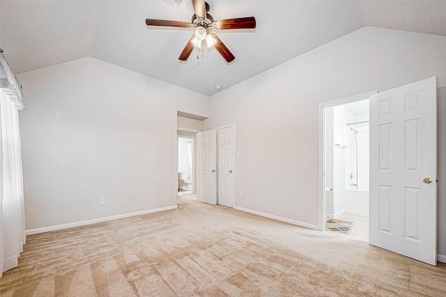 10506 Linsley Ln, Houston, TX 77034 - unfurnished bedroom with ensuite bath, ceiling fan, lofted ceiling, and carpet floors
