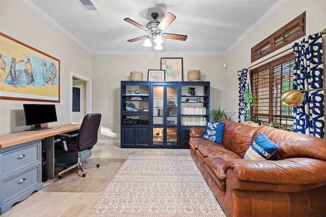 home office with ceiling fan, baseboards, ornamental molding, stone finish floor, and visible vents