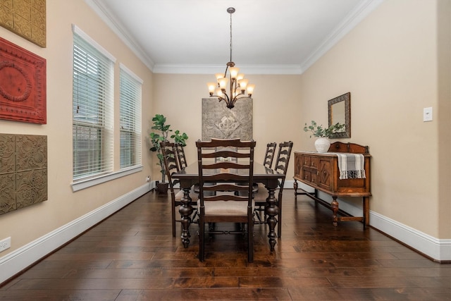 dining room featuring baseboards, dark wood-style floors, a notable chandelier, and crown molding