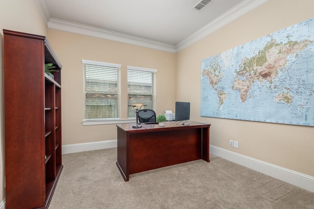 home office with baseboards, visible vents, crown molding, and light colored carpet