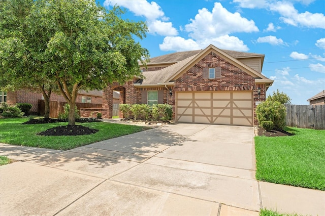 view of front of house with concrete driveway, an attached garage, brick siding, and a front yard