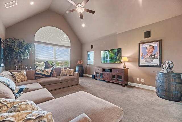 living room with high vaulted ceiling, ceiling fan, baseboards, carpet flooring, and visible vents