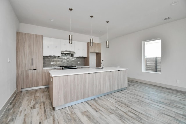 4012 Cusco Ln, Houston, TX 77045 - kitchen with tasteful backsplash, a sink, light wood finished floors, light countertops, and visible vents