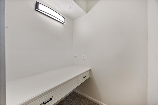 mudroom featuring baseboards, a textured ceiling, and carpet floors