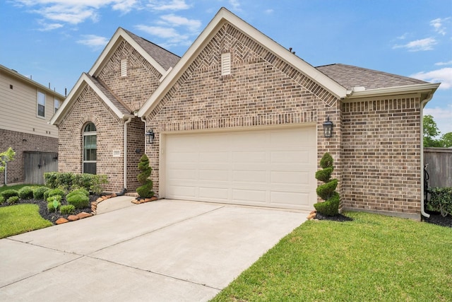 20131 Wild Horse Hollow Ln, Tomball, TX 77377 - view of front of house with brick siding, concrete driveway, a garage, roof with shingles, and a front yard