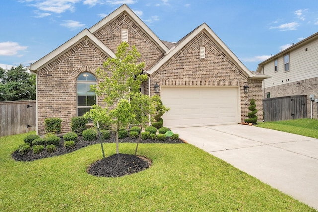 view of front of property featuring driveway, a garage, fence, and brick siding