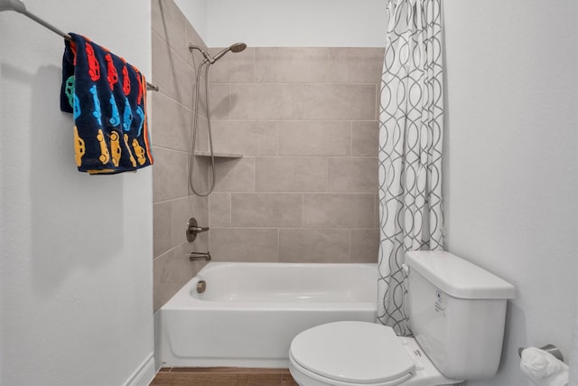 20131 Wild Horse Hollow Ln, Tomball, TX 77377 - bathroom featuring shower / bath combination with curtain, toilet, and wood finished floors