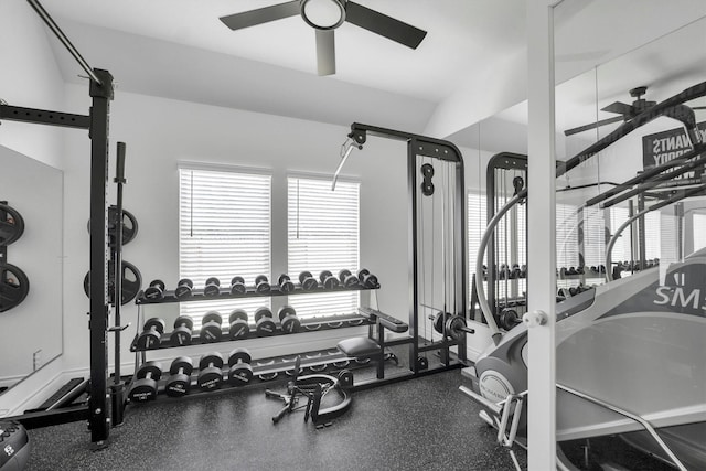 exercise room with ceiling fan