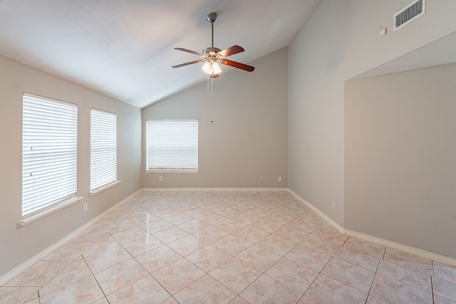 12626 Lacey Crest Dr, Houston, TX 77070 - unfurnished room featuring ceiling fan, vaulted ceiling, visible vents, and baseboards