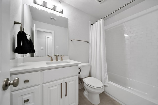 bathroom featuring toilet, visible vents, shower / bath combination with curtain, and vanity