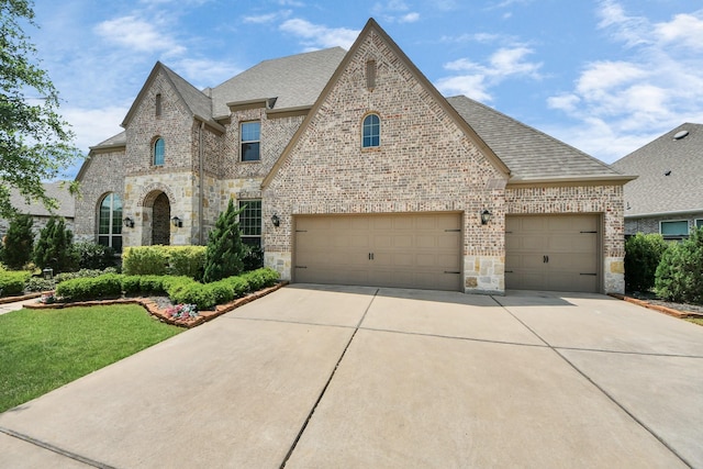 french country style house with stone siding, brick siding, and concrete driveway