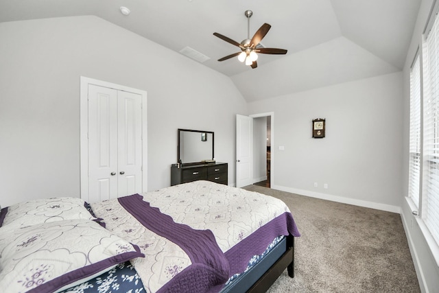 bedroom with multiple windows, lofted ceiling, a closet, and carpet