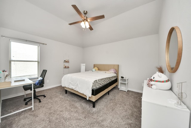 bedroom featuring baseboards, lofted ceiling, ceiling fan, and carpet