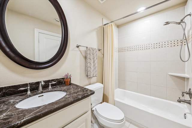 full bath with vanity, shower / bathtub combination with curtain, and toilet