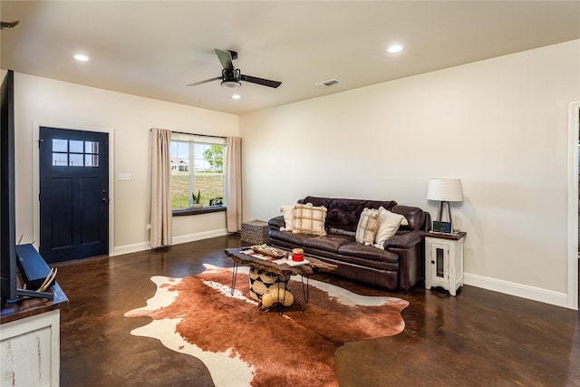 108 High Meadow Ct, Schulenburg, TX 78956 - living room featuring recessed lighting, visible vents, baseboards, finished concrete flooring, and ceiling fan