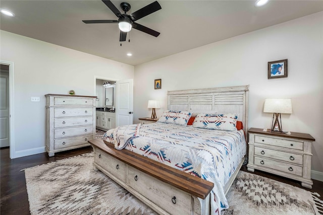 108 High Meadow Ct, Schulenburg, TX 78956 - bedroom featuring a ceiling fan, baseboards, recessed lighting, and dark wood-style flooring