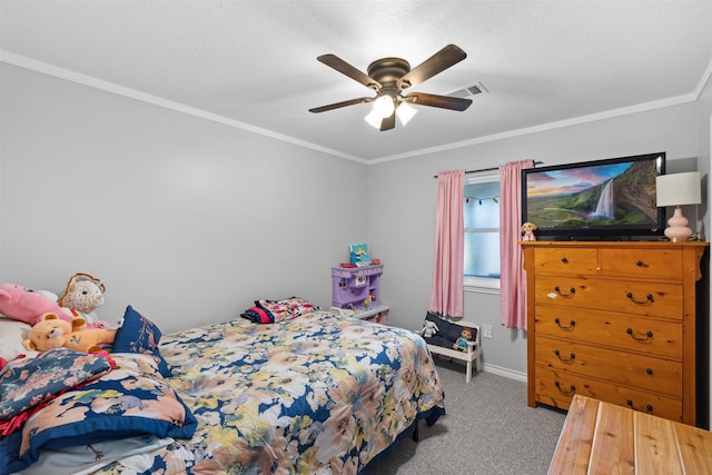 bedroom featuring carpet floors, crown molding, visible vents, and baseboards