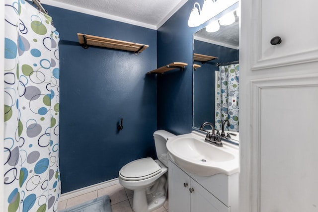 full bathroom featuring toilet, tile patterned flooring, a shower with shower curtain, crown molding, and vanity