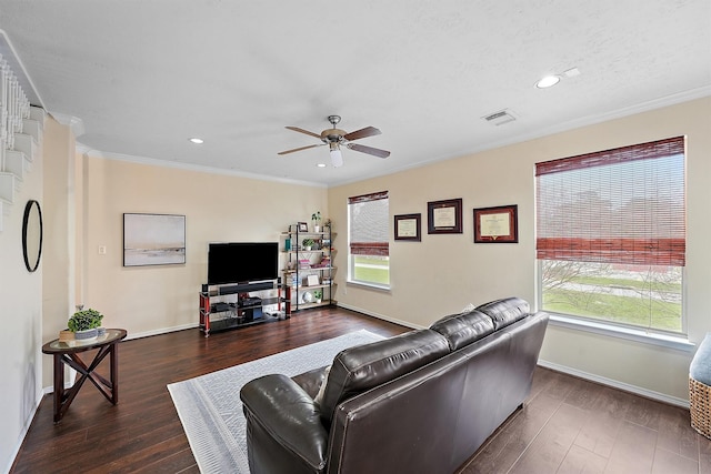 7818 Stoneyway Dr, Houston, TX 77040 - living room featuring crown molding, wood finished floors, ceiling fan, baseboards, and visible vents