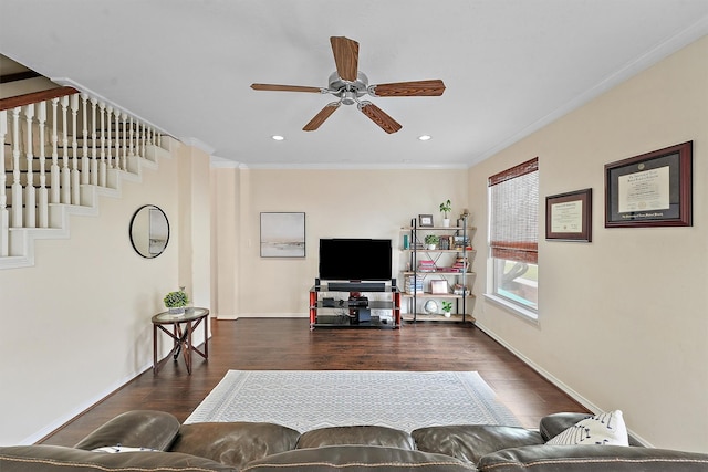 7818 Stoneyway Dr, Houston, TX 77040 - living room with baseboards, a ceiling fan, and dark wood-style floors