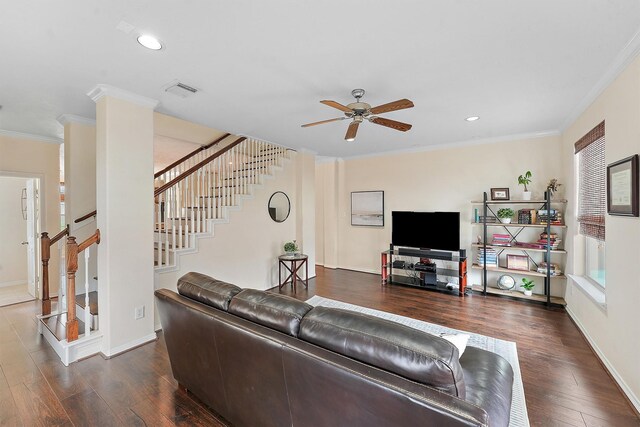 7818 Stoneyway Dr, Houston, TX 77040 - living area featuring crown molding, baseboards, wood finished floors, ceiling fan, and stairway