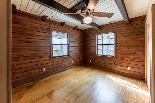 unfurnished room with light wood-style flooring, beam ceiling, a ceiling fan, wood walls, and wooden ceiling