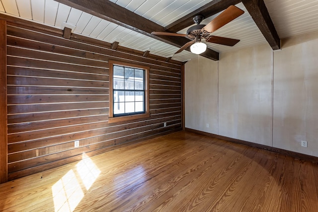 empty room featuring wood finished floors, wood ceiling, ceiling fan, beamed ceiling, and wood walls
