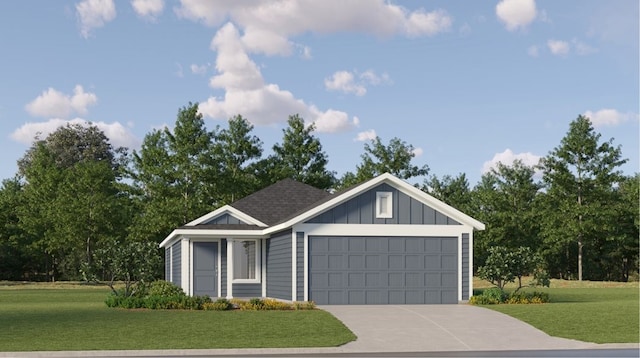 exterior space featuring a garage, concrete driveway, board and batten siding, and a front lawn