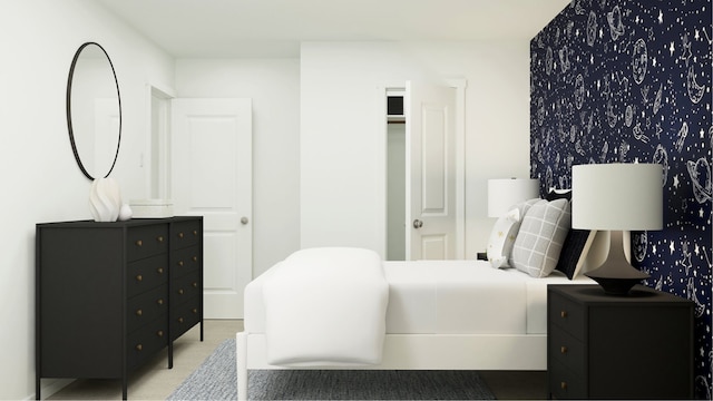 bedroom with wallpapered walls