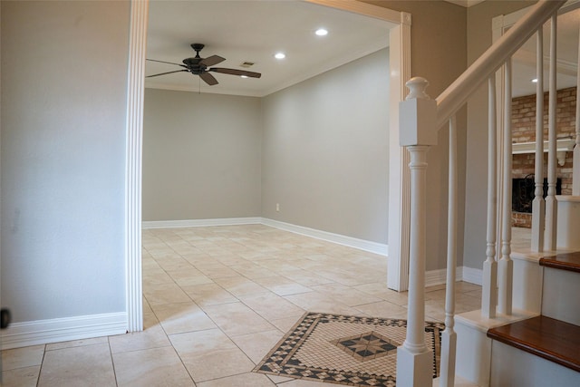 foyer featuring recessed lighting, stairway, visible vents, a ceiling fan, and ornamental molding