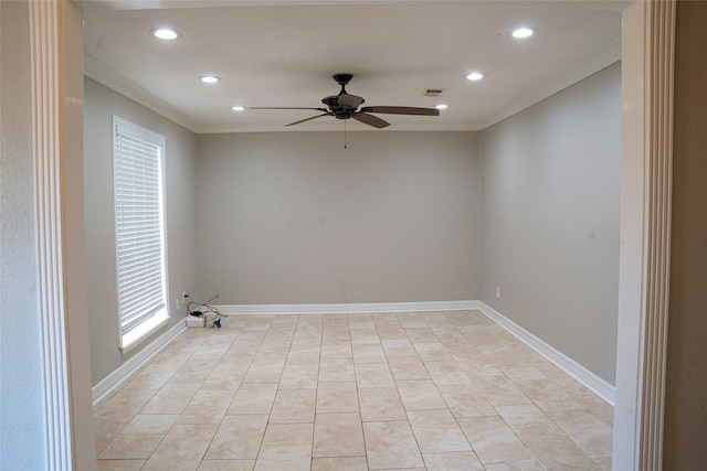 empty room with a ceiling fan, crown molding, baseboards, visible vents, and recessed lighting