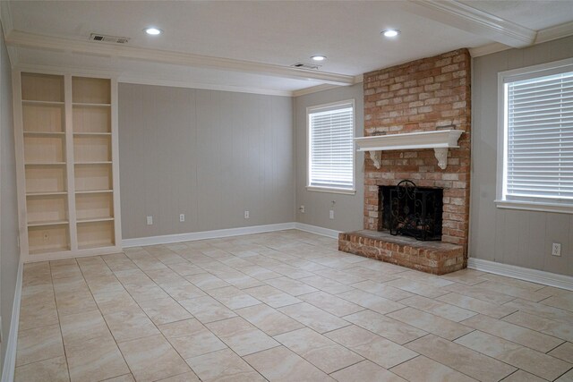unfurnished living room featuring visible vents, built in shelves, and crown molding