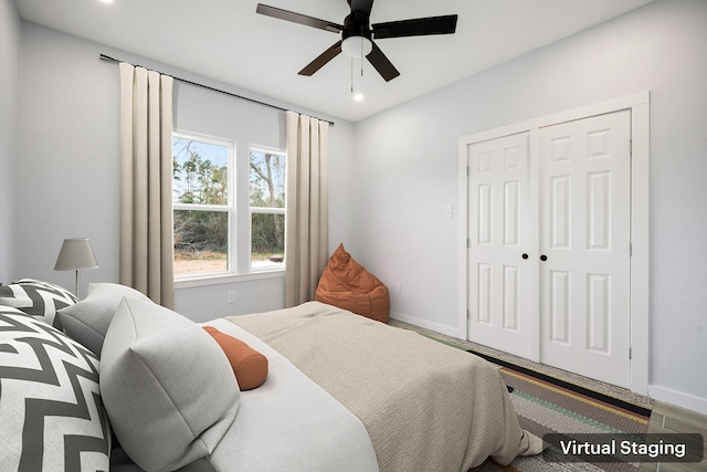 bedroom with recessed lighting, a closet, a ceiling fan, and baseboards